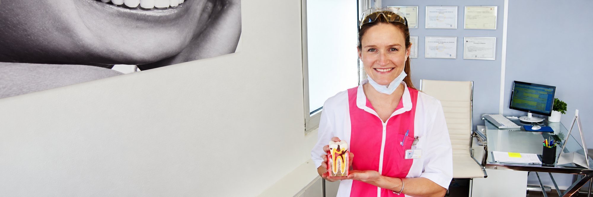 La Dre Nathalie Gros souriante montre un modèle de dent dans son cabinet